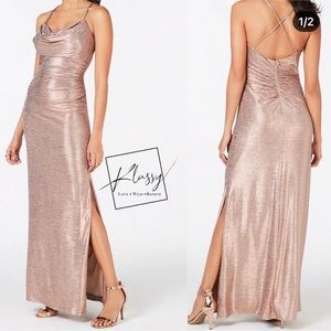 Rose Gold Nightway Long Shimmer Cowl Neck Dress